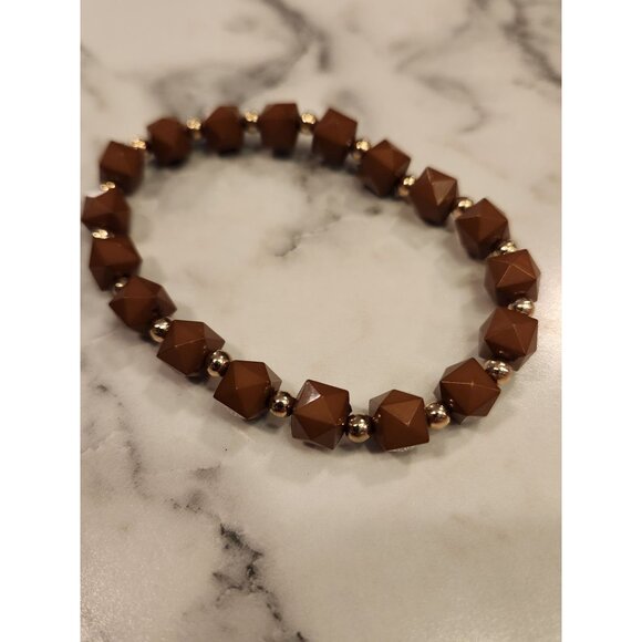 Brown Geometric Beaded Stretch Bracelet With Gold Accents - Picture 3 of 3